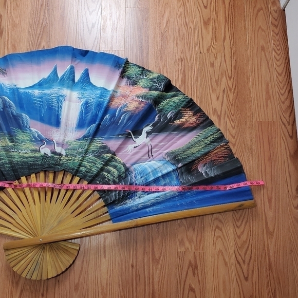 VINTAGE Large Fan 59x36 Handpainted Sky Scene Wal Art - Picture 11 of 16